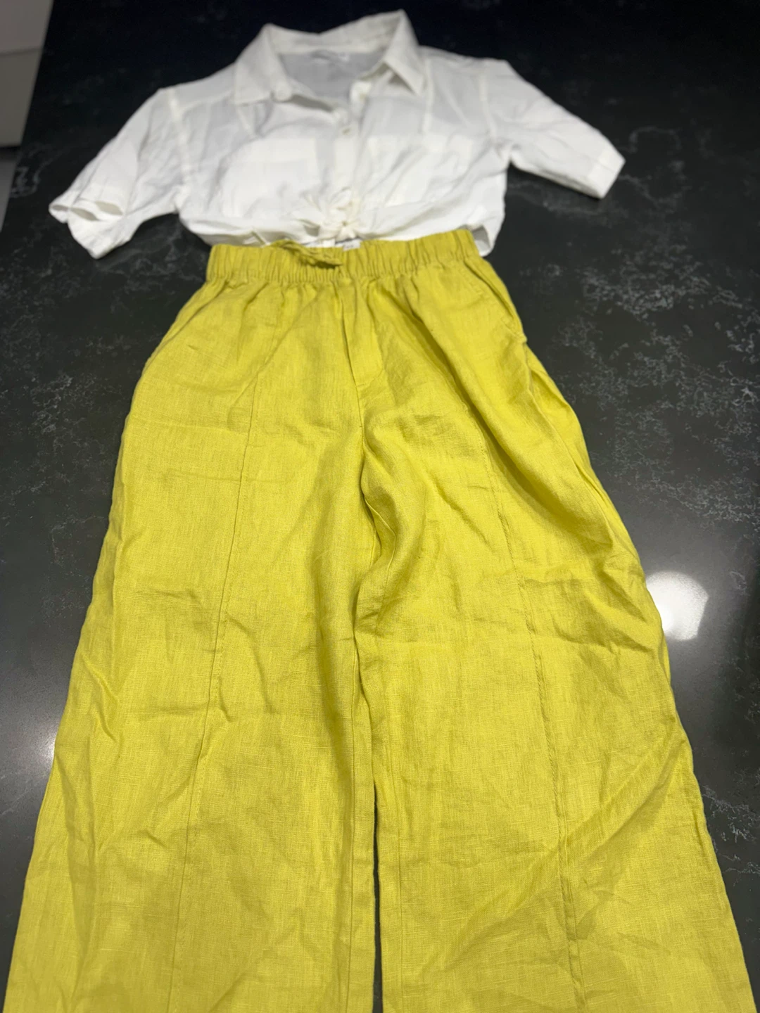 Zara White Crop Shirt & Yellow Linen Pants Set - photo 5