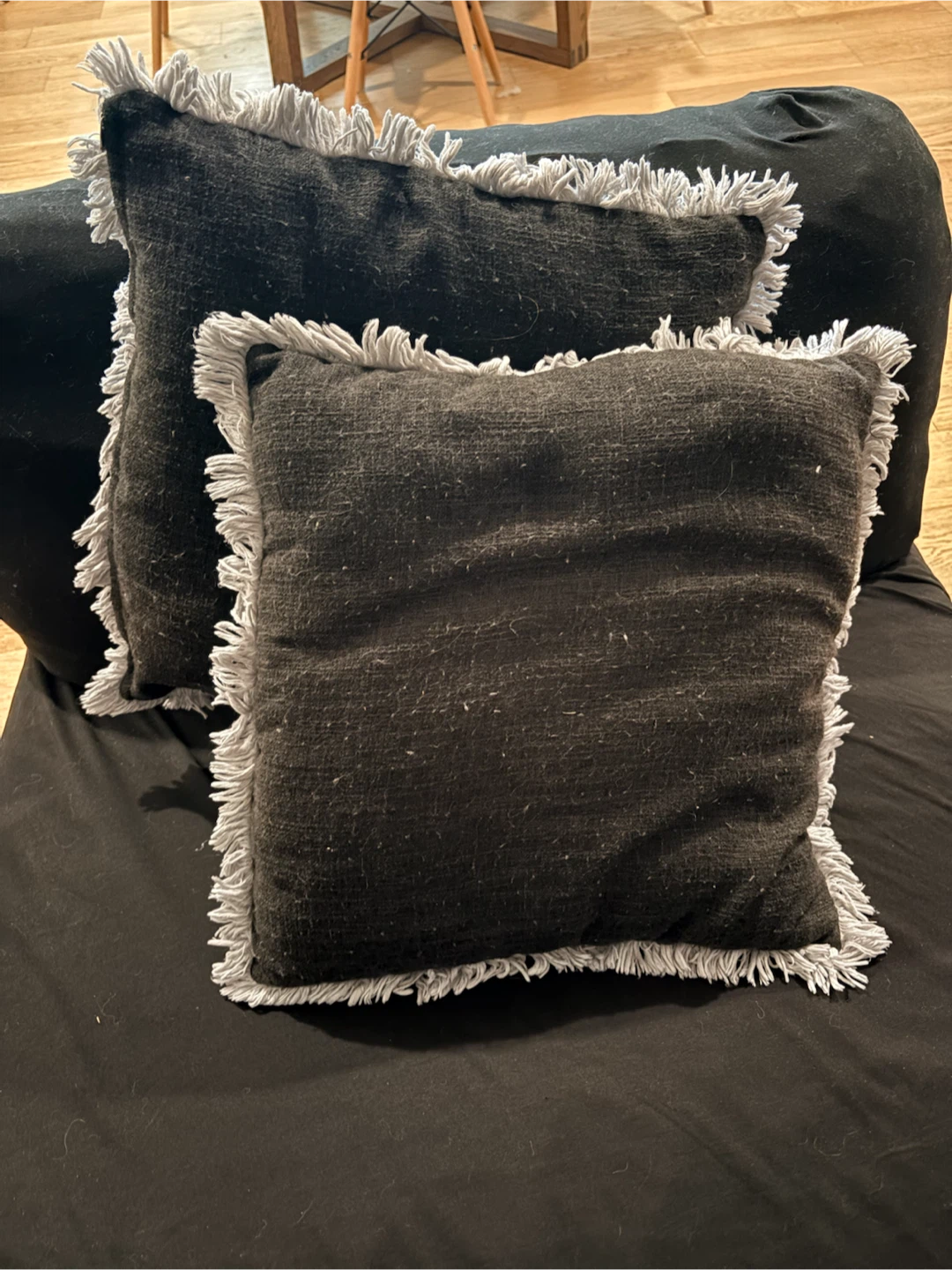 Set of 2 Black Throw Pillows with Fringe