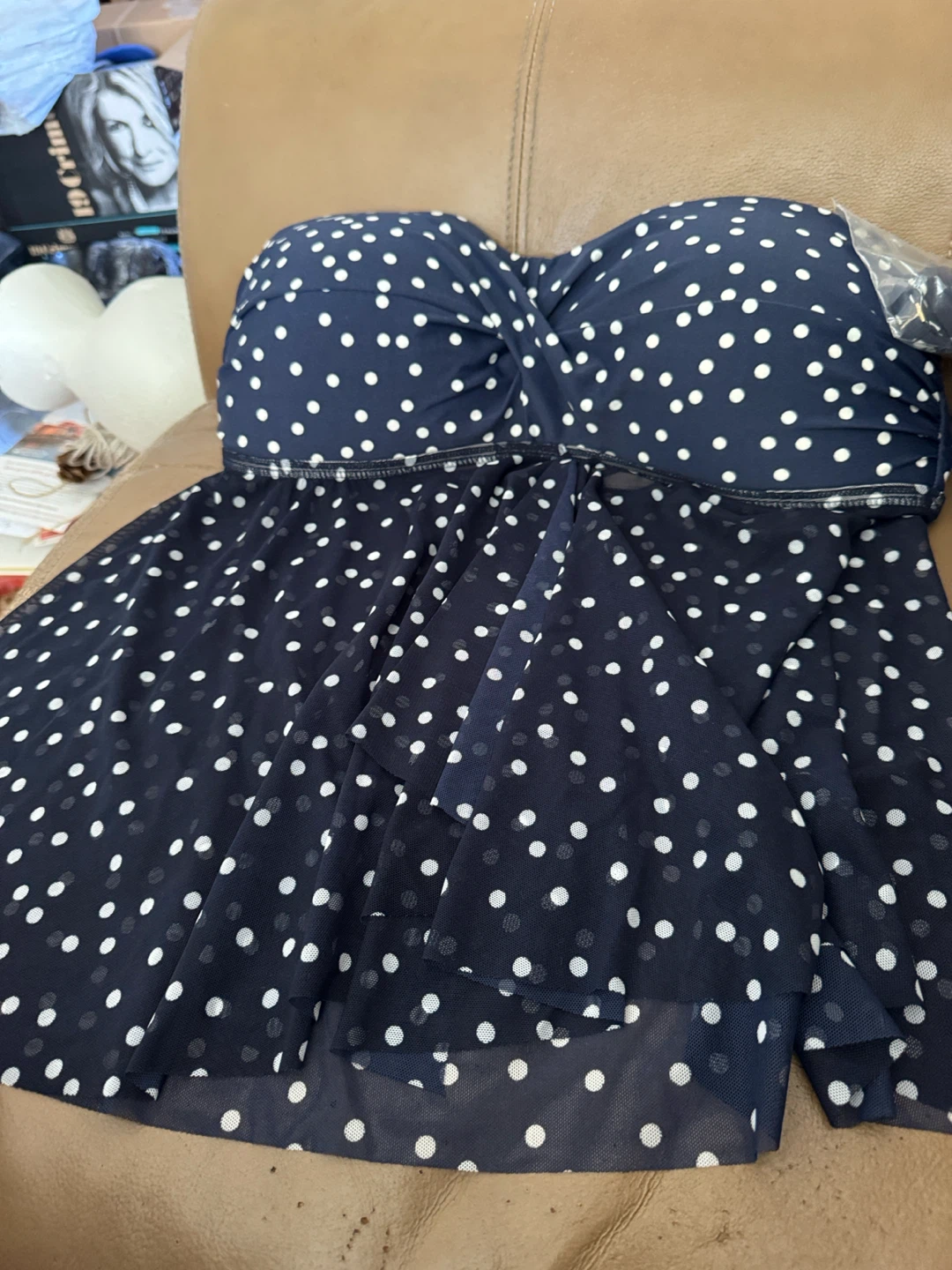 Navy Polka Dot Swim top with Skirt