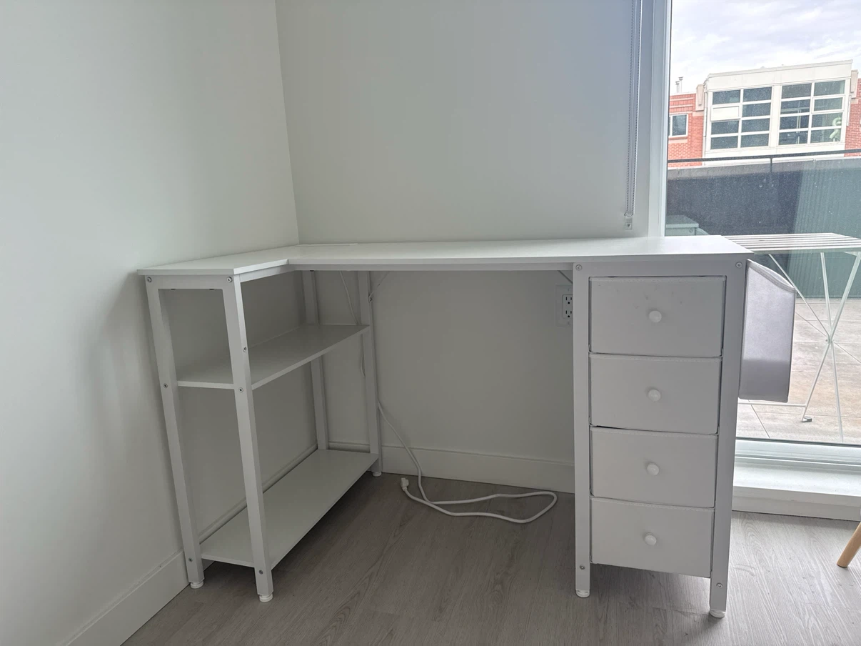 White L-Shaped Wayfair Desk with Drawers and Shelves