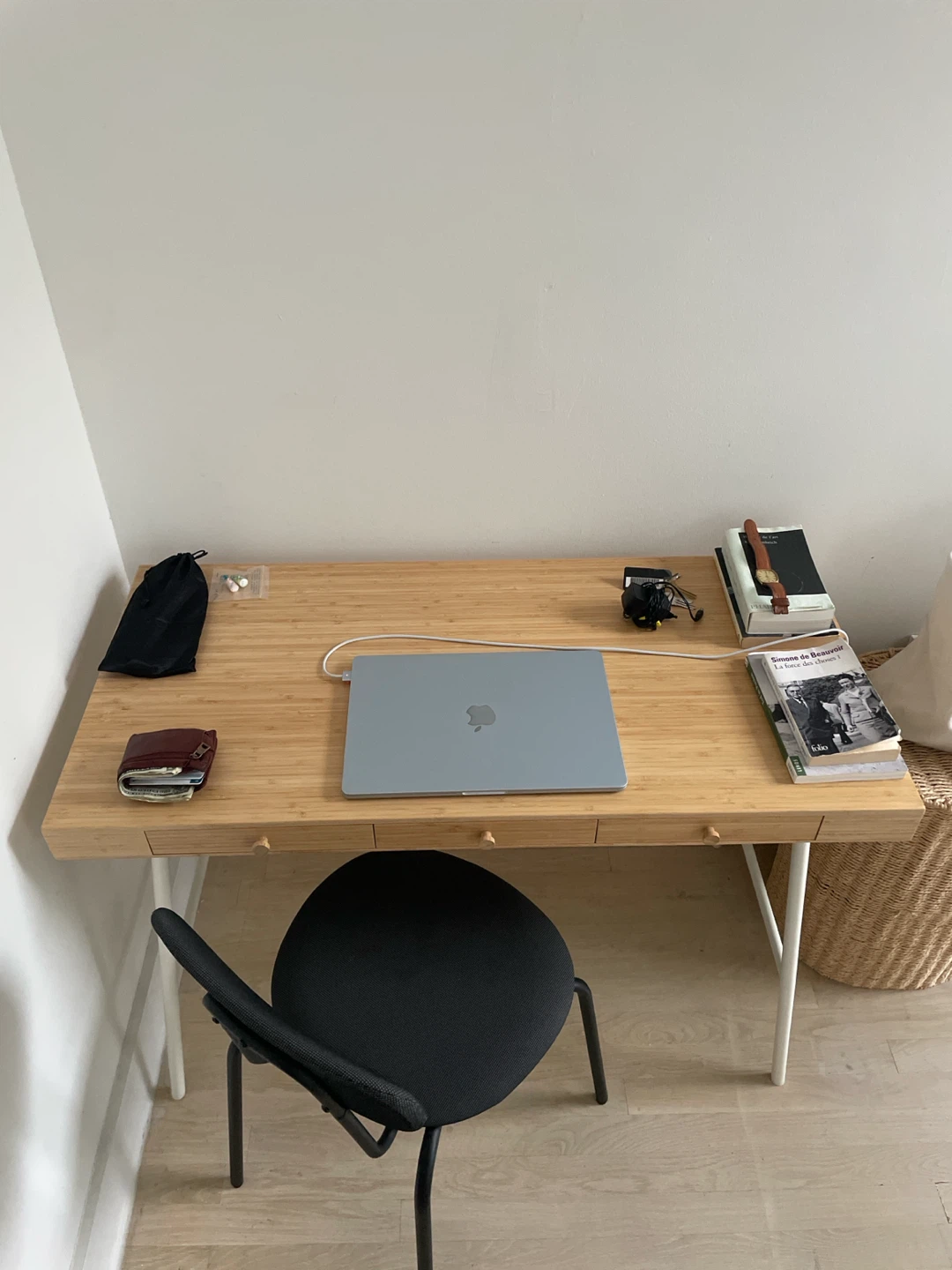 Bamboo Desk with Drawers and Black Chair - photo 2