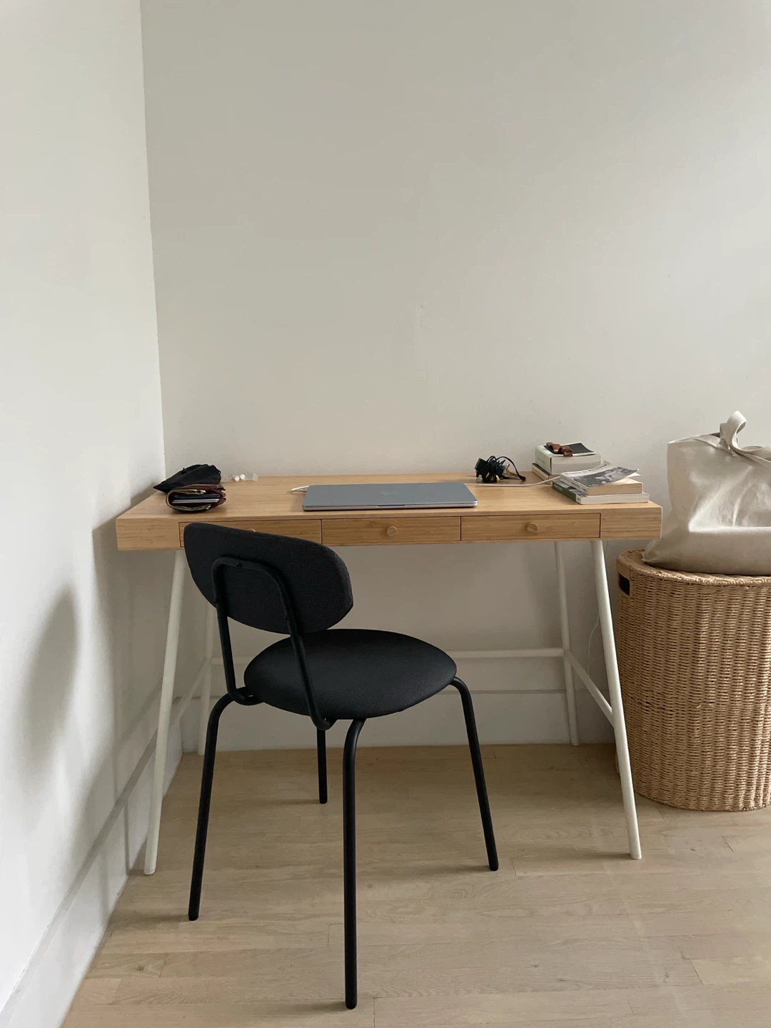 Bamboo Desk with Drawers and Black Chair