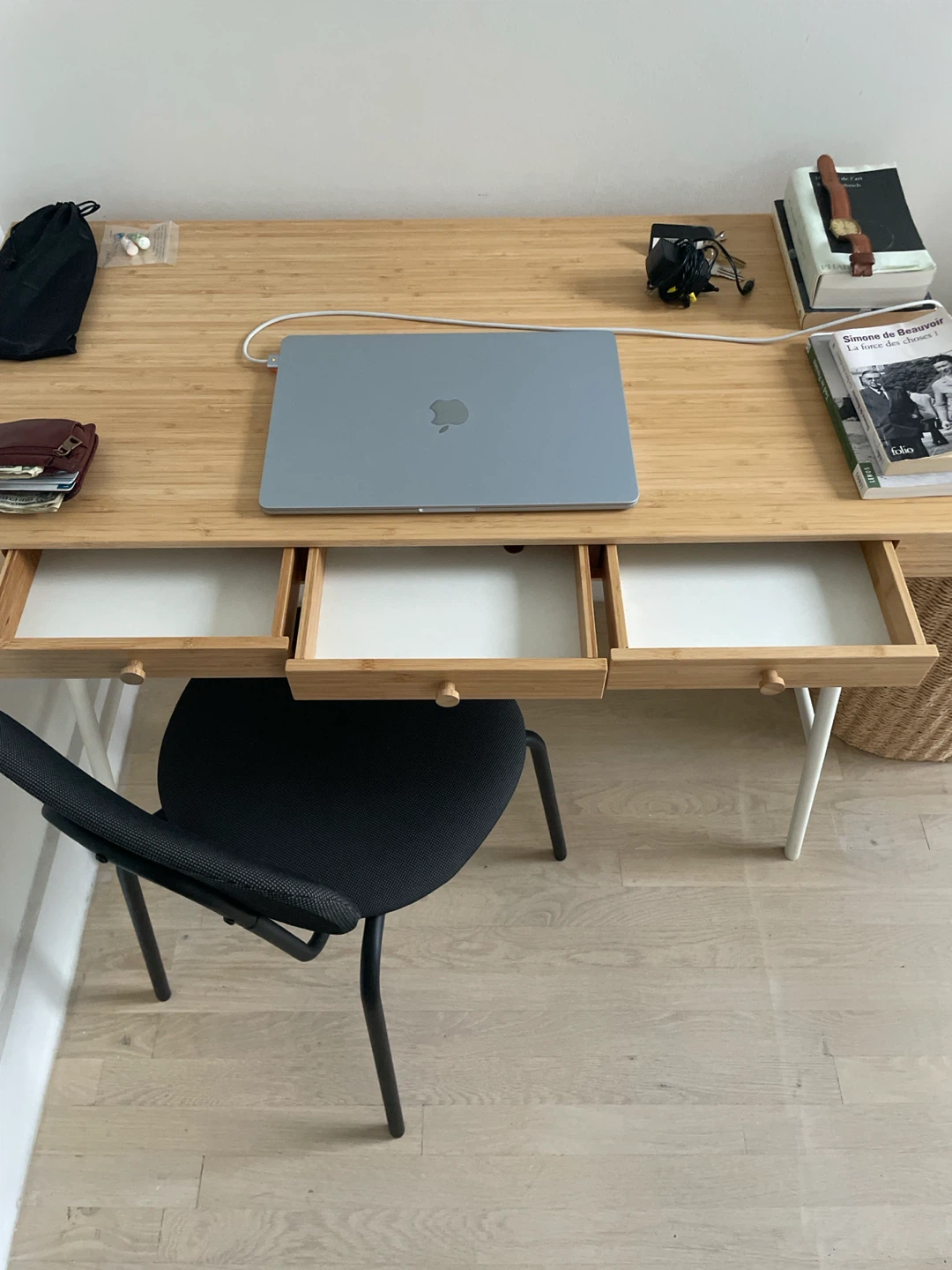 Bamboo Desk with Drawers and Black Chair - photo 3