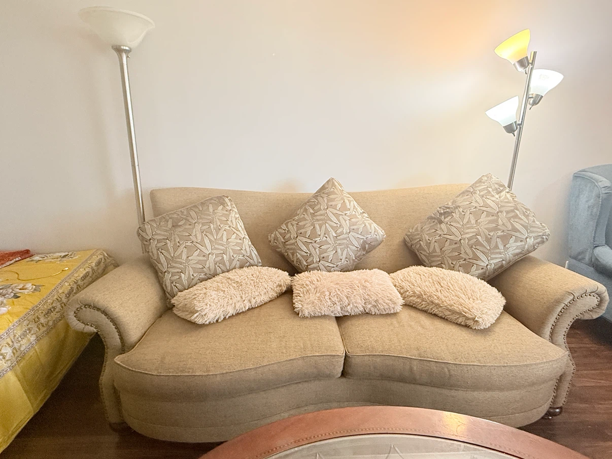 Beige Loveseat Sofa with Throw Pillows