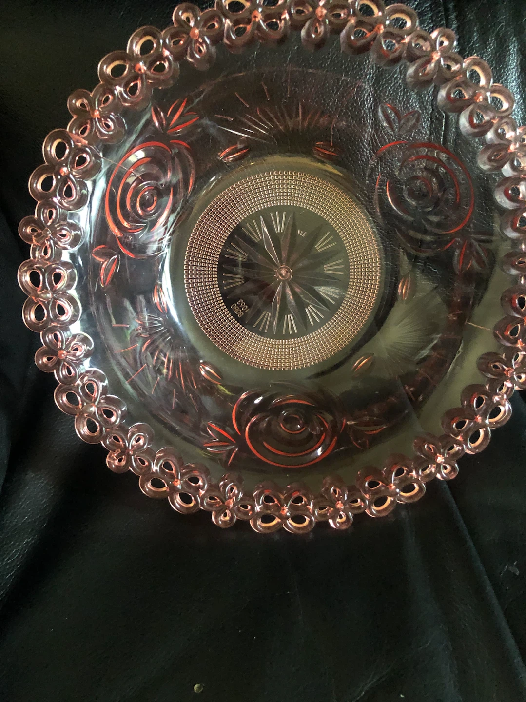 Pink Glass Serving Bowl with Embossed Roses