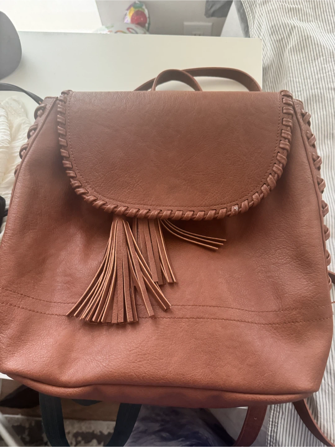 Brown Faux Leather Backpack with Tassels - photo 2
