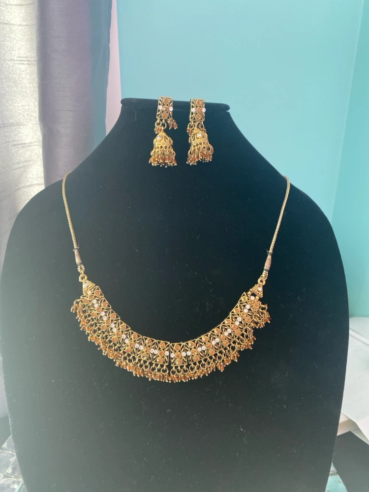 Gold Tone Necklace and Earring Set with Rhinestones