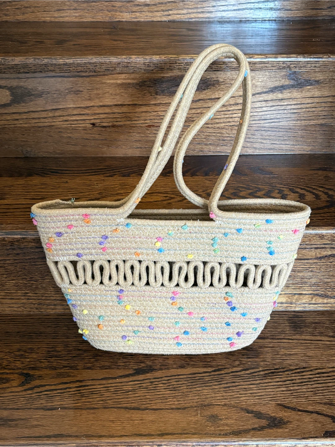 Lulla Collection Woven Rope Tan Tote with Colourful Pom Accents