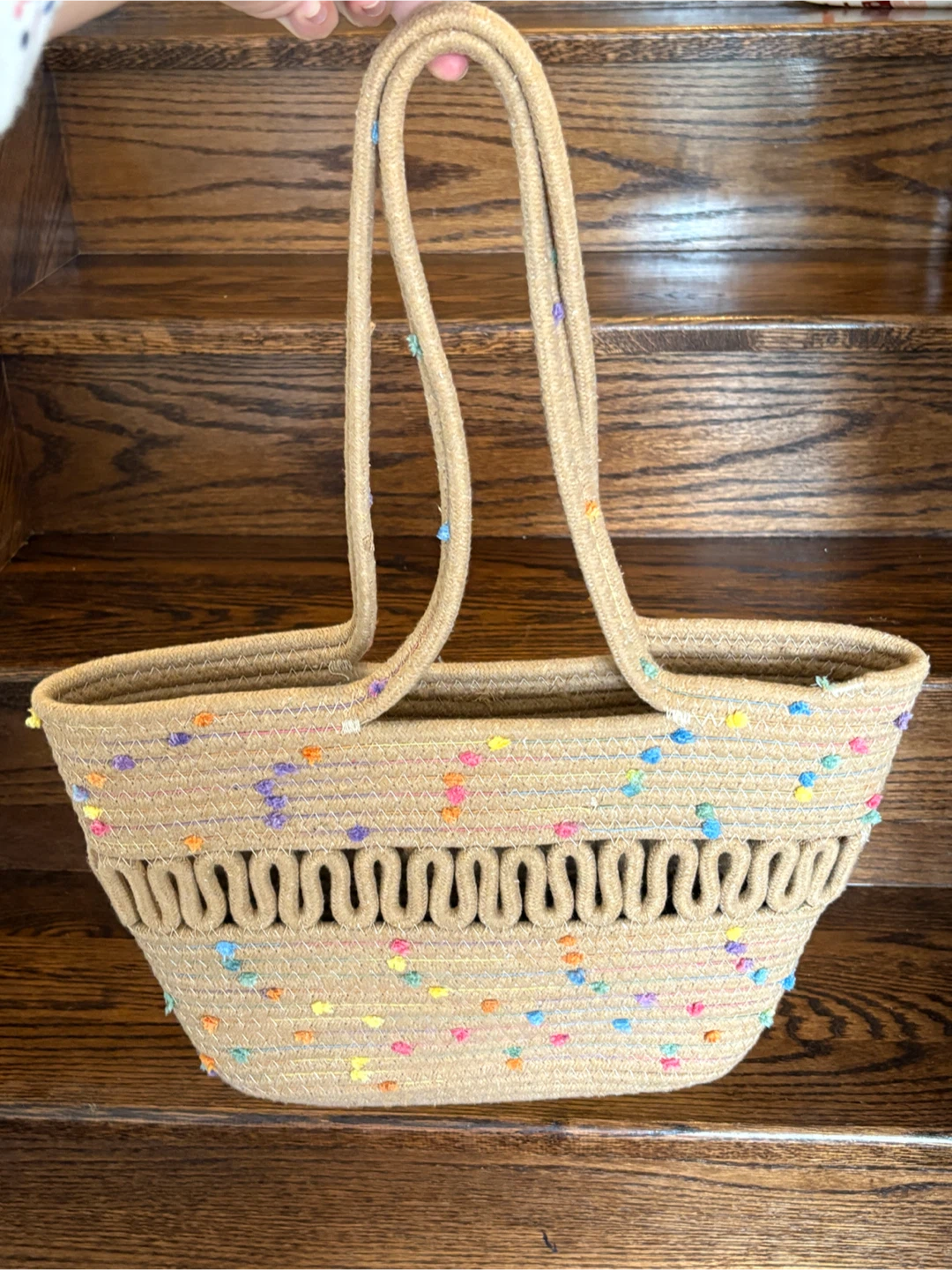 Lulla Collection Woven Rope Tan Tote with Colourful Pom Accents - photo 2