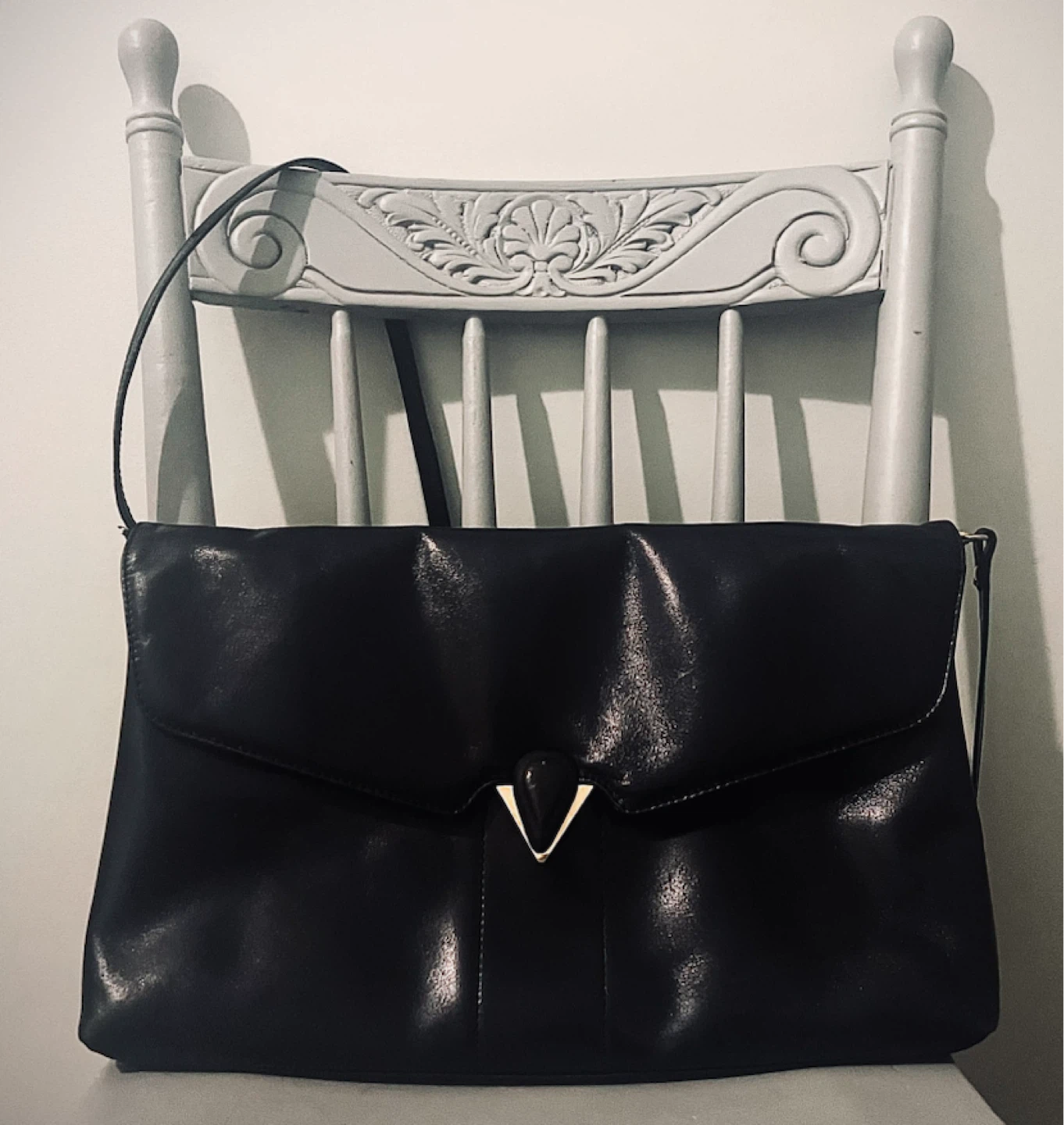 Vintage Italian Leather Bag, Black with Gold Detail