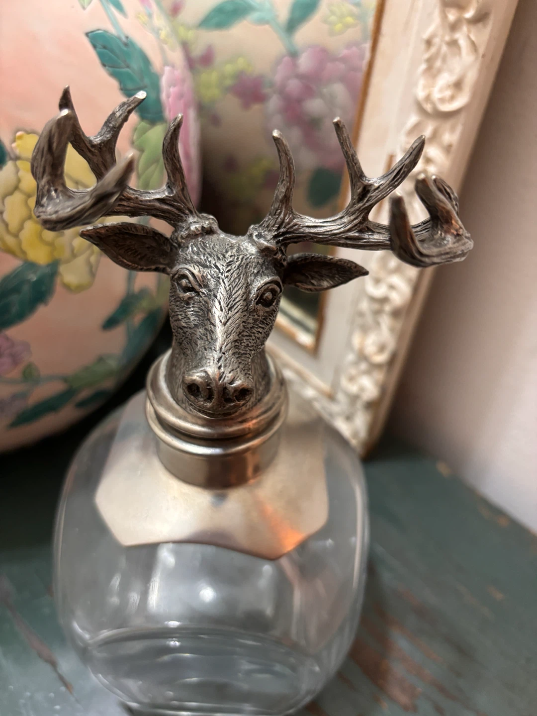 Vintage POTTERY BARN Pewter Stag Blown-Glass Liquor Decanter - photo 2