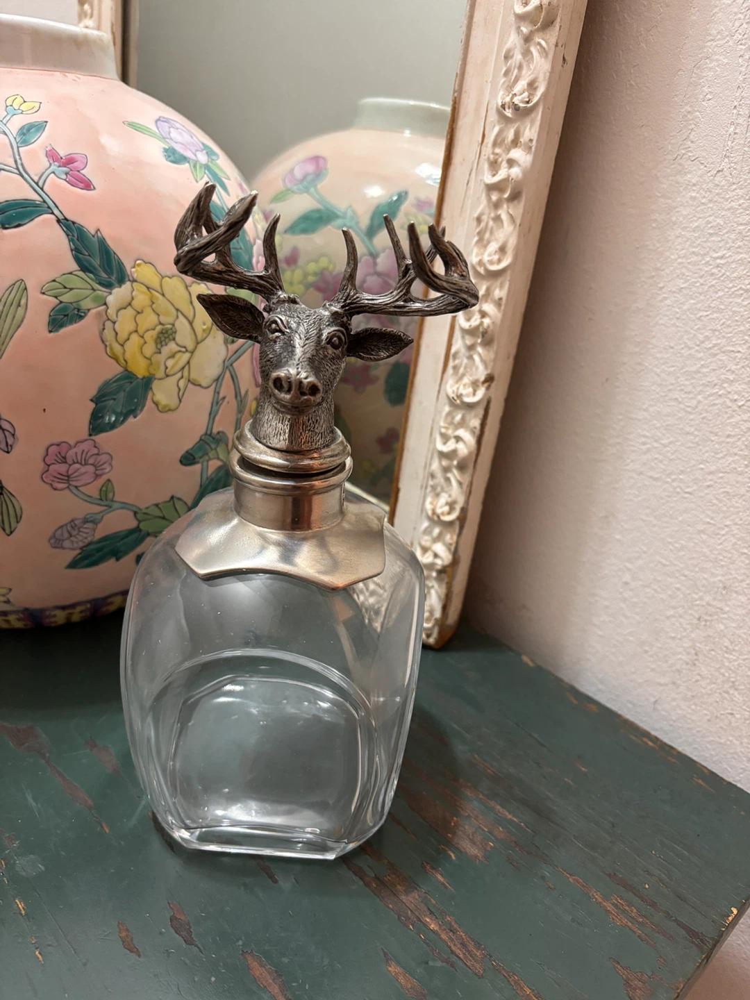 Vintage POTTERY BARN Pewter Stag Blown-Glass Liquor Decanter