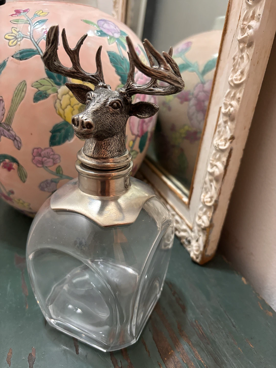 Vintage POTTERY BARN Pewter Stag Blown-Glass Liquor Decanter - photo 3