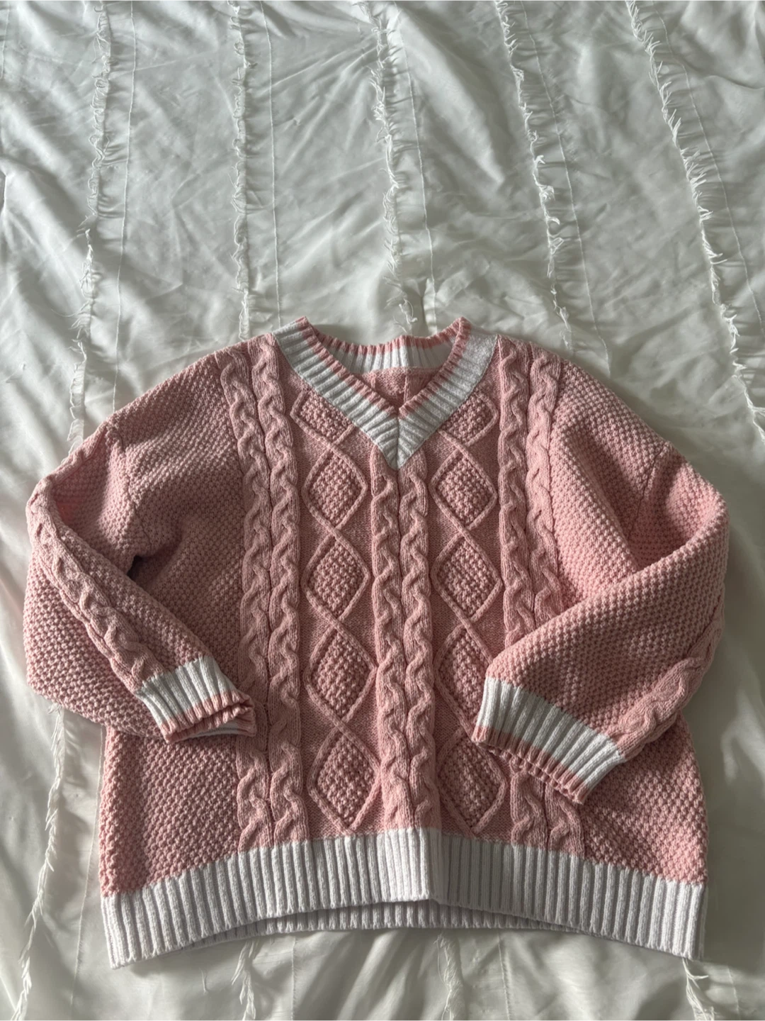 Pink Cable Knit V-Neck Sweater-size large