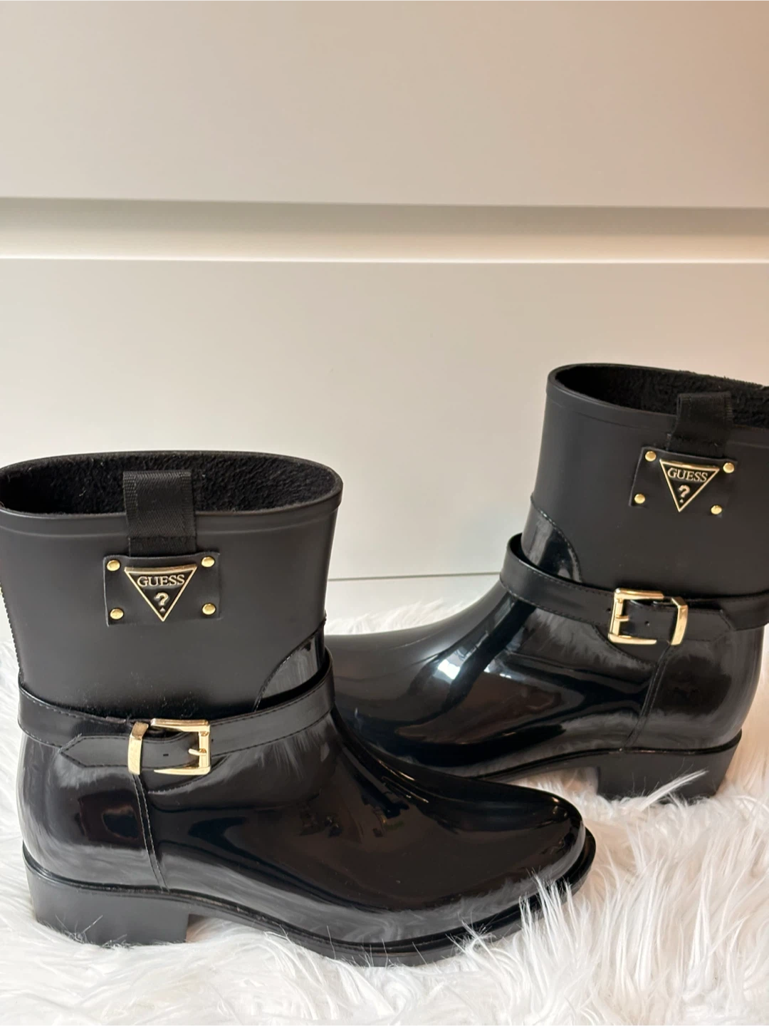 Guess Black Rubber Boots with Buckle Detail