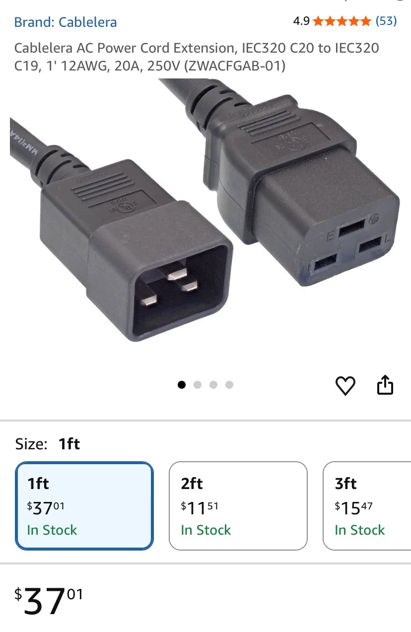 AC Power Cord Extension IEC320 C20 to C19 1ft 12AWG 20A