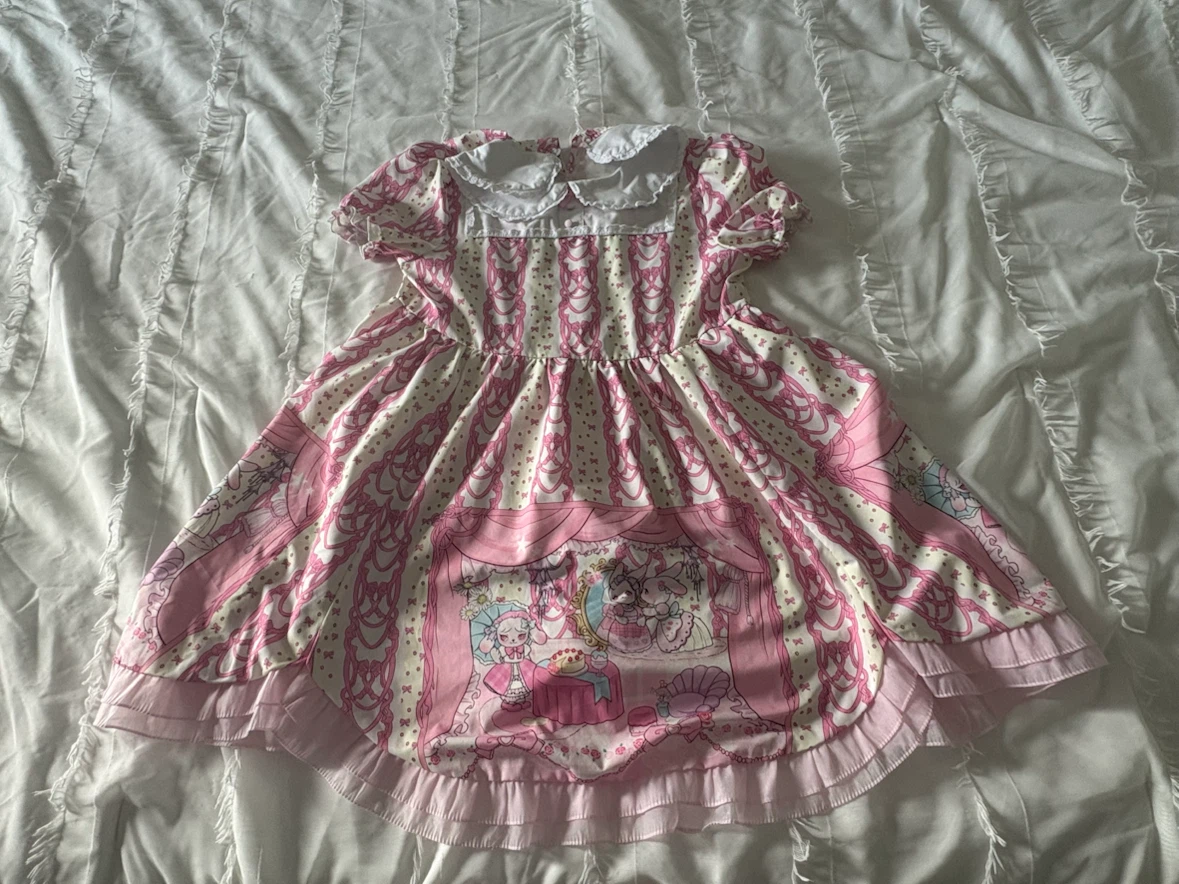 Pink Lolita Dress with Ruffles and Ribbon Print