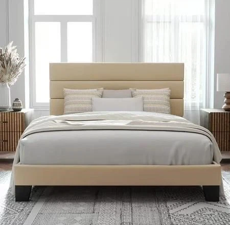 Queen Size Beige Upholstered Platform Bed Frame