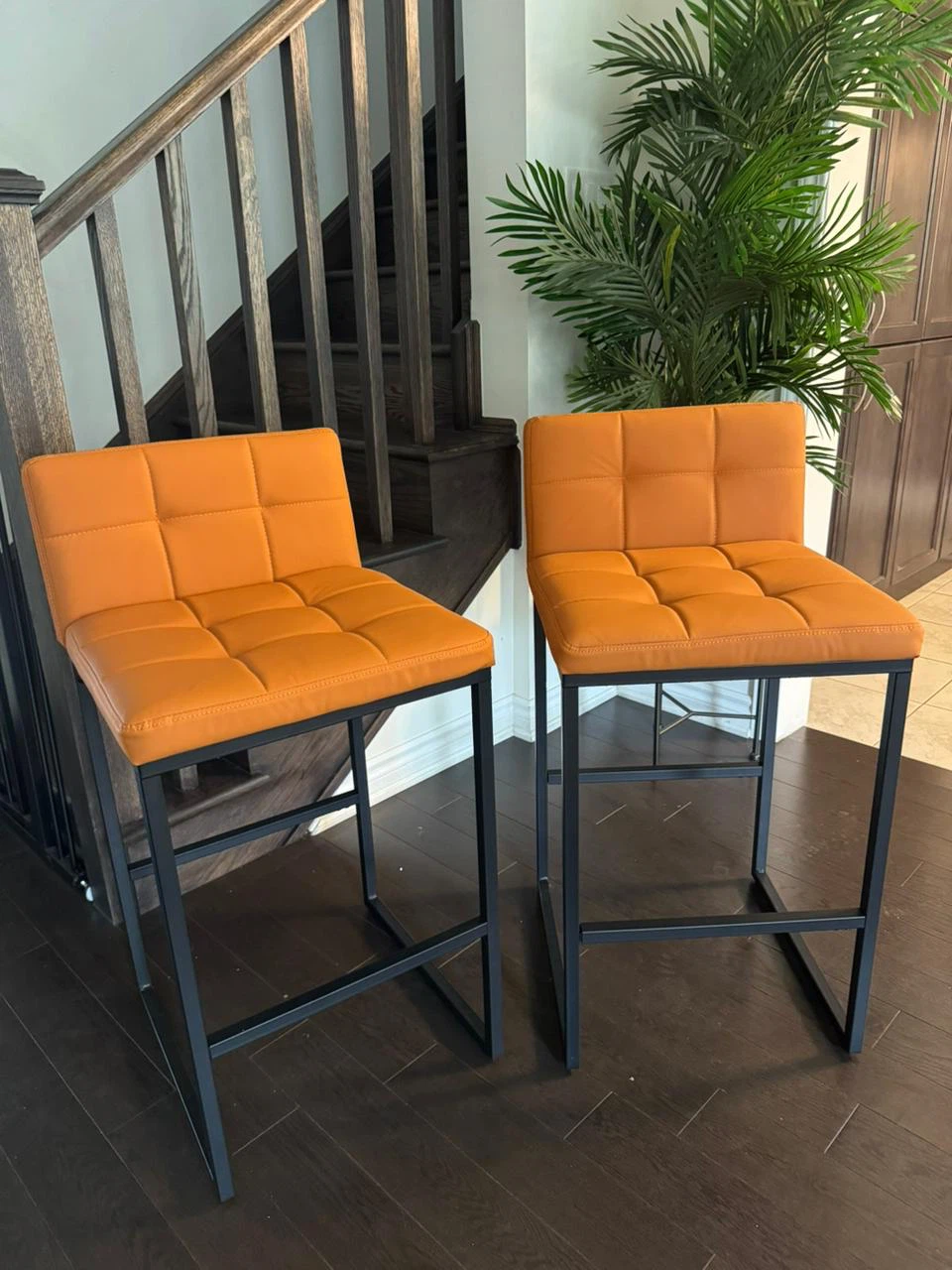 Set of 2 Orange Faux Leather Bar Stools