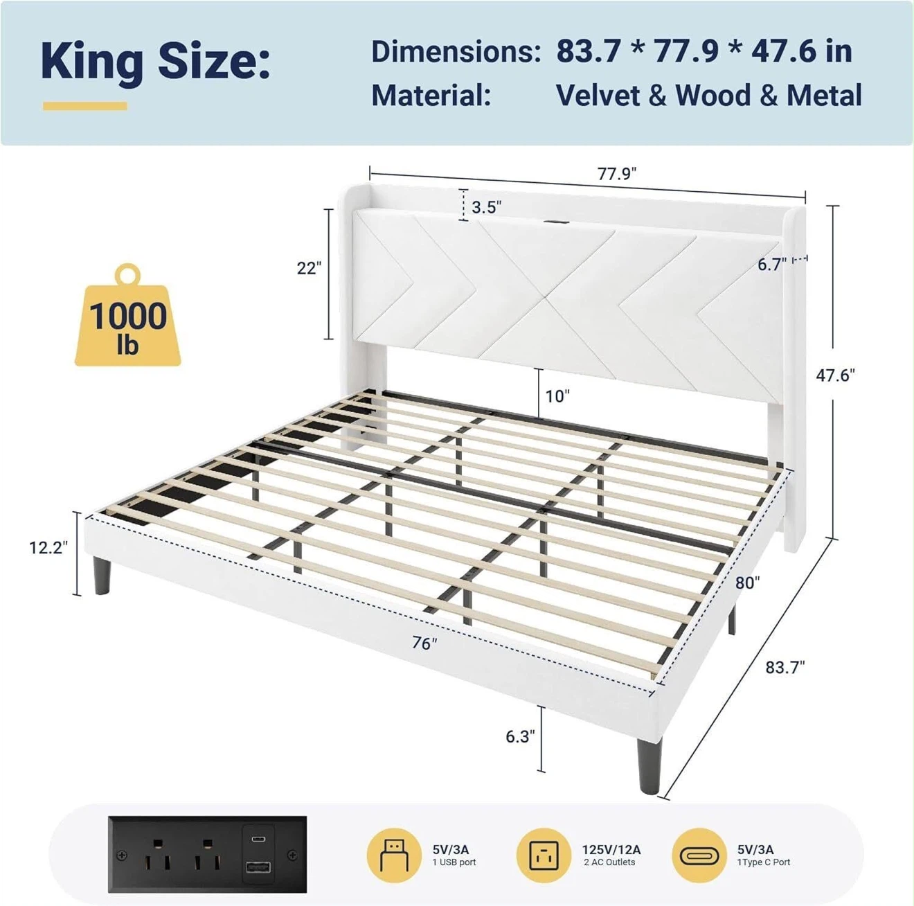 White King Size Bed Frame with Built-in Charging Station