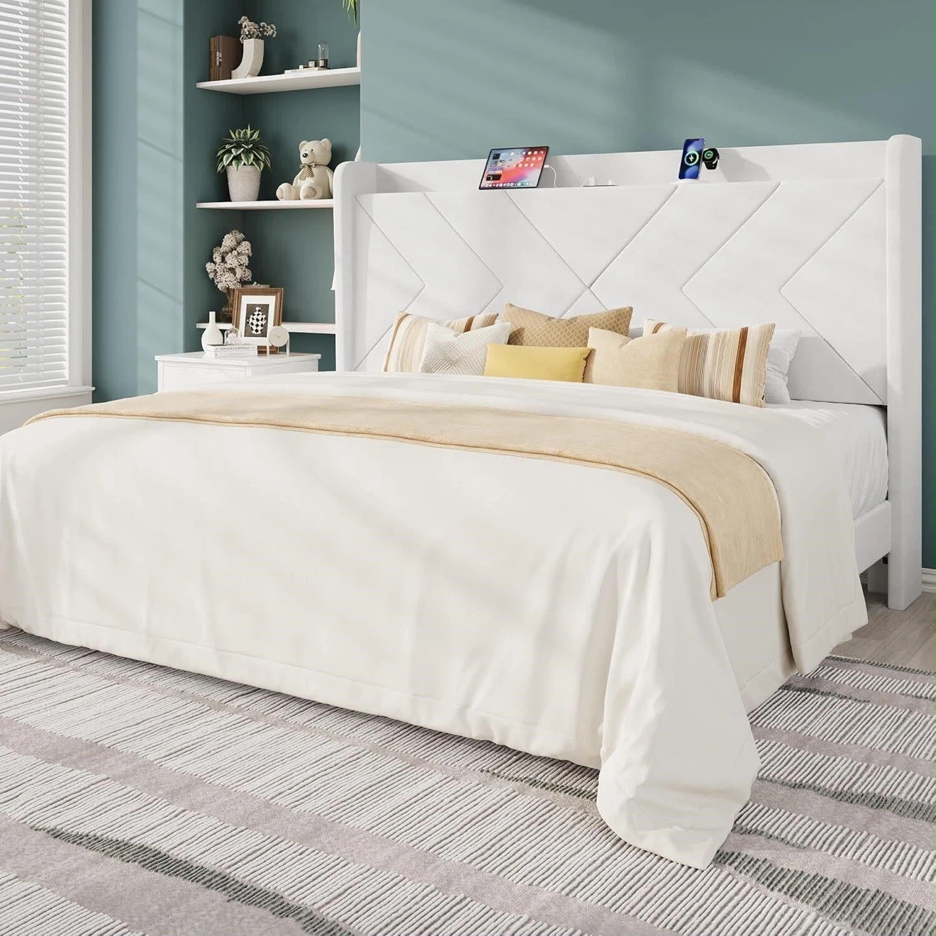 White King Size Bed Frame with Built-in Charging Station - photo 2