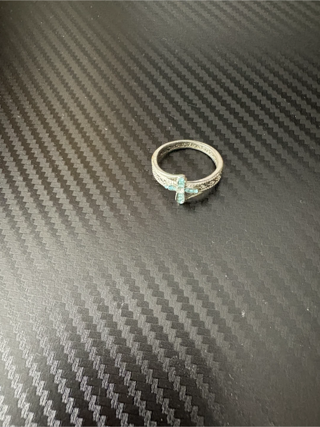 Silver Tone Ring with Blue Stone Cross