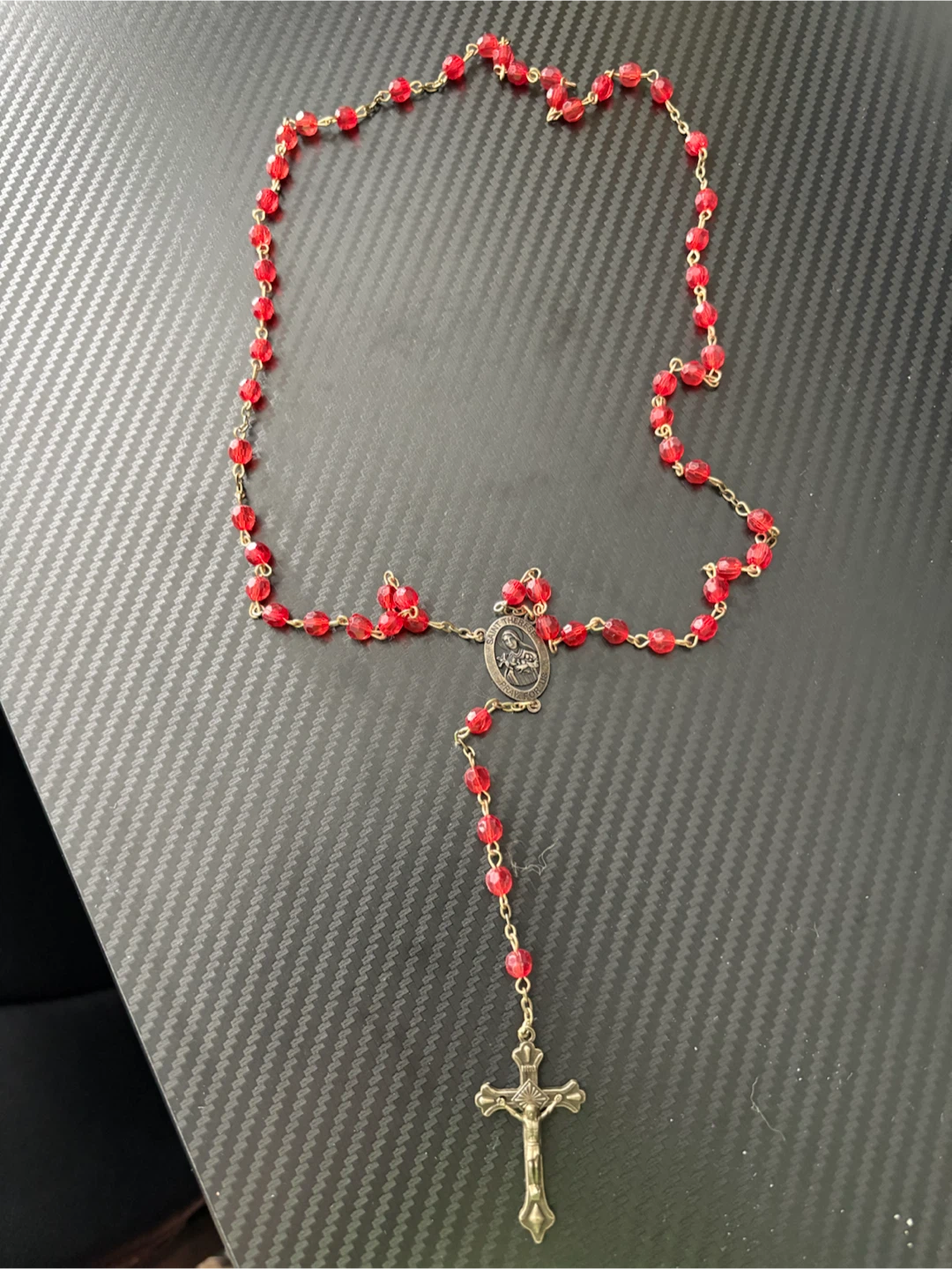 Red Beaded Rosary with Crucifix Pendant