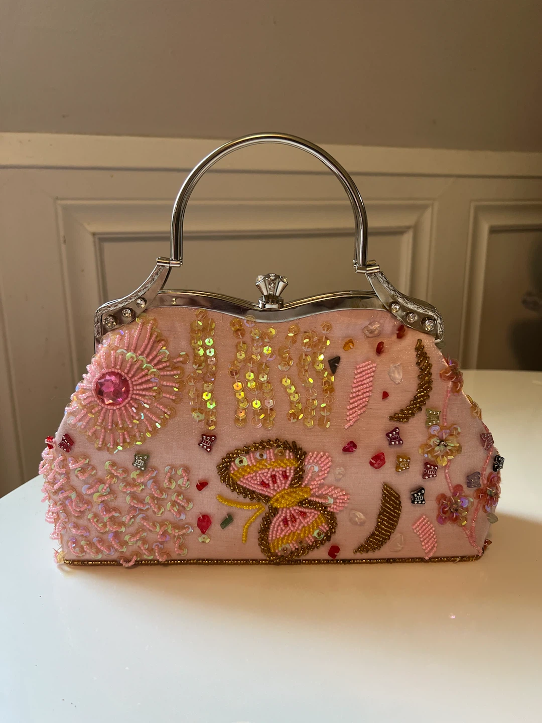 Pink Beaded Butterfly Clutch Purse with Metal Handle