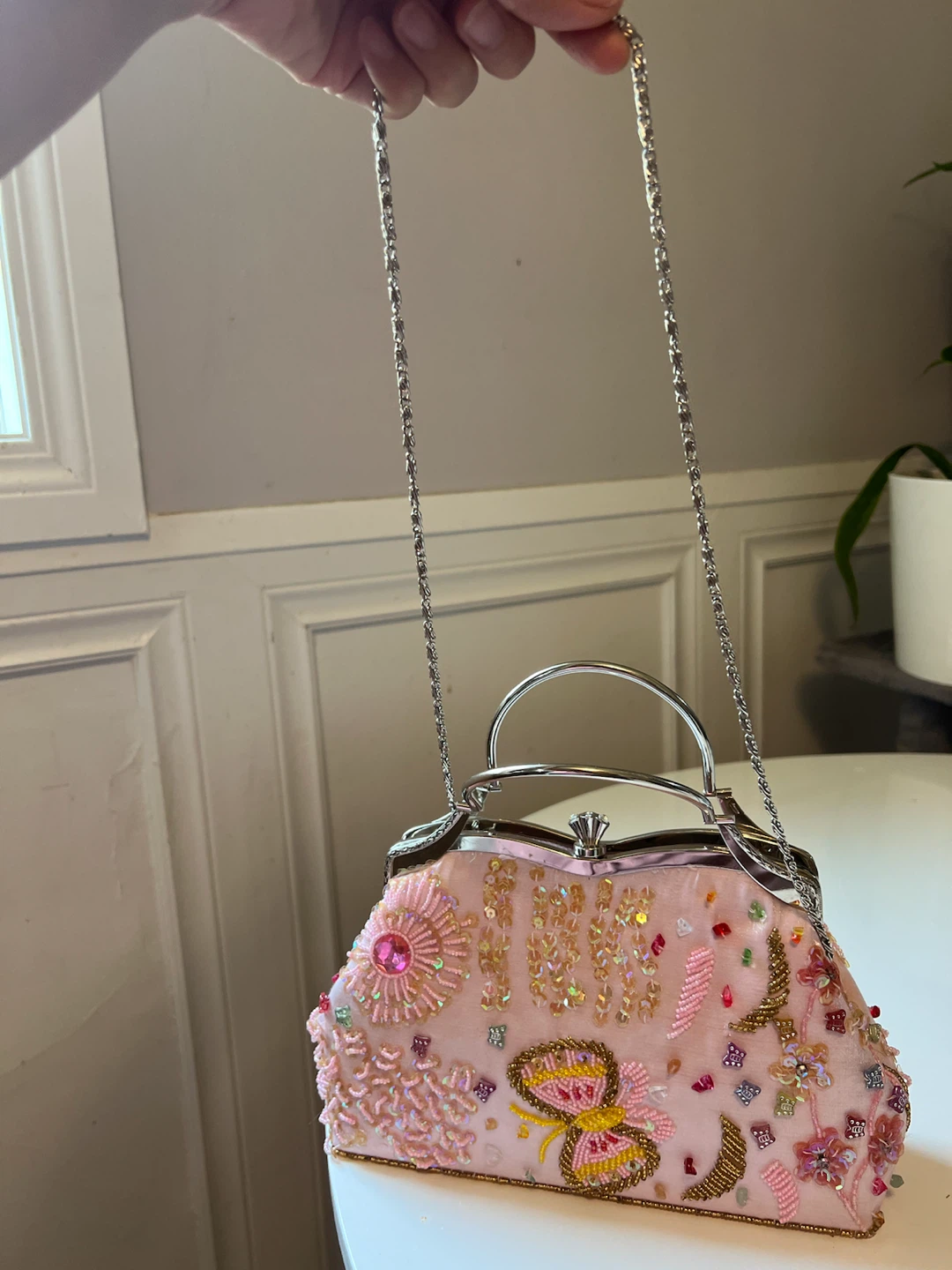 Pink Beaded Butterfly Clutch Purse with Metal Handle - photo 4