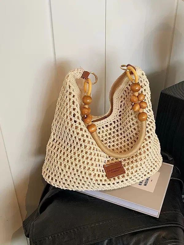 Crochet Tote Bag with Wooden Beads