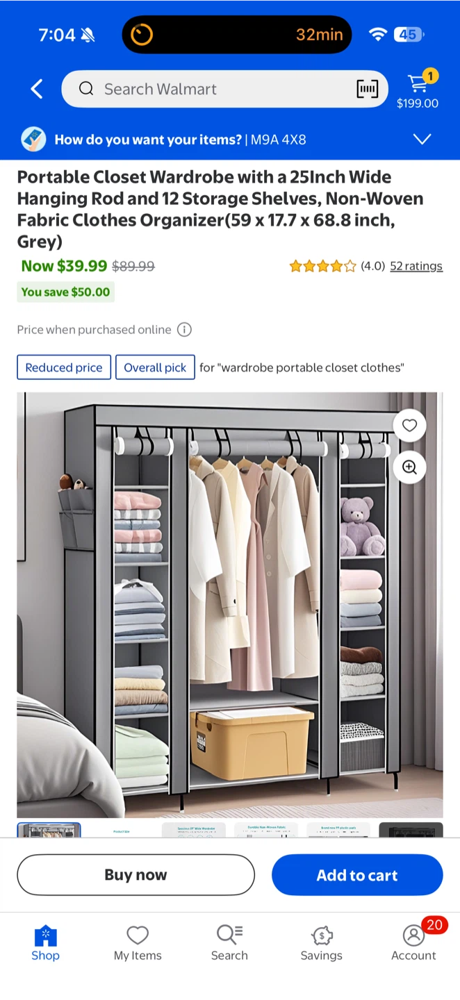 Portable Closet Wardrobe Organizer - Grey