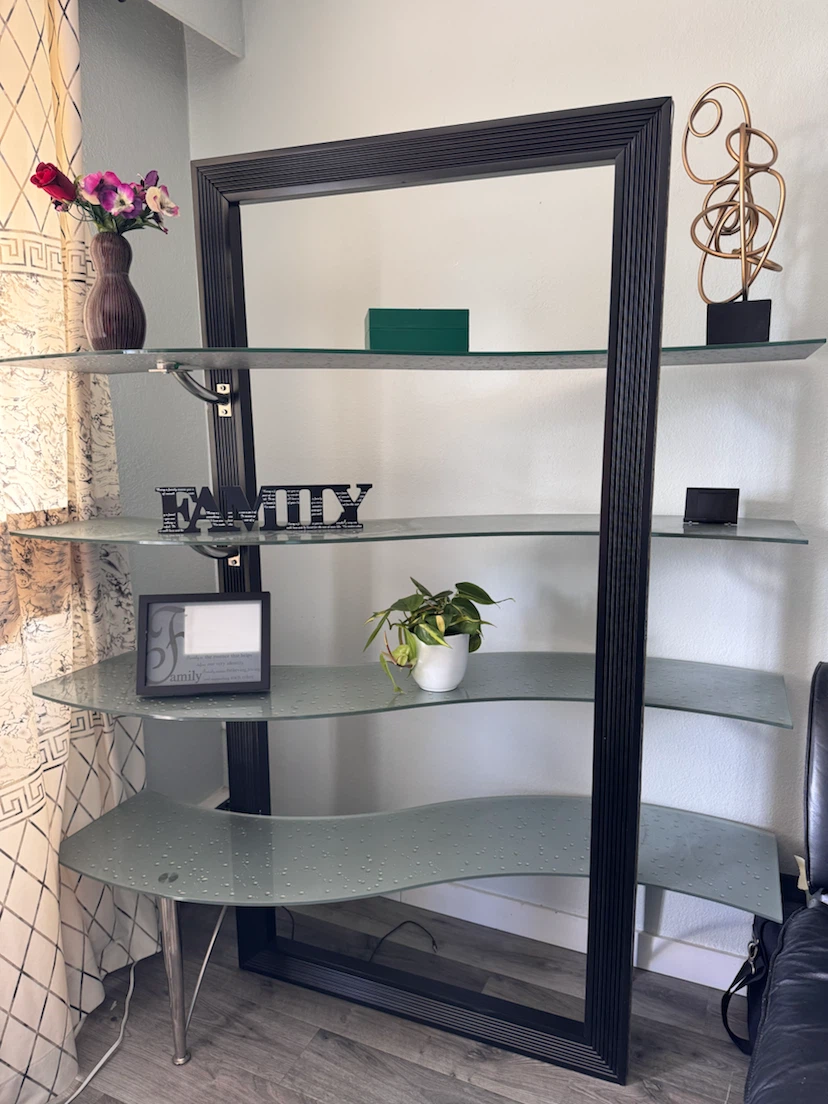 Black frame shelving unit with glass shelves