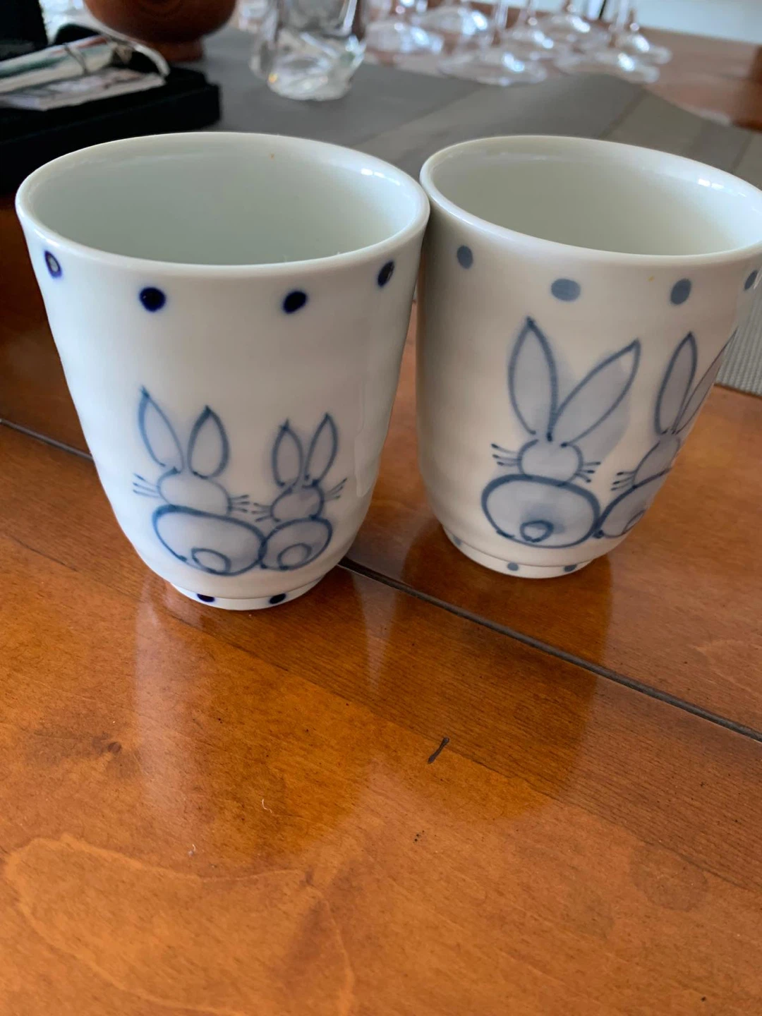 Set of 2 Ceramic Tea Cups - Yellow Swirls & Blue Bunnies