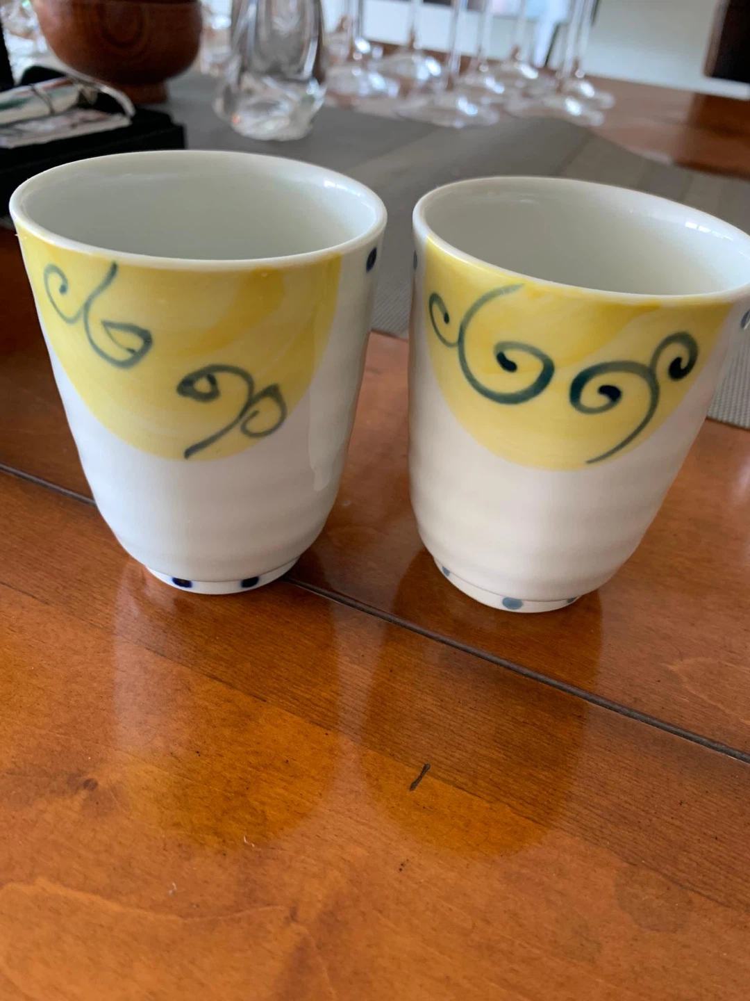 Set of 2 Ceramic Tea Cups - Yellow Swirls & Blue Bunnies - photo 2