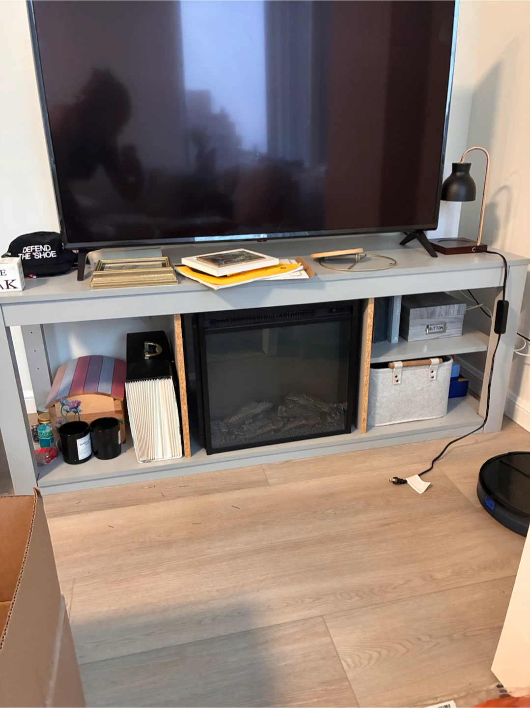 Light Gray TV Stand with Electric Fireplace Heater!