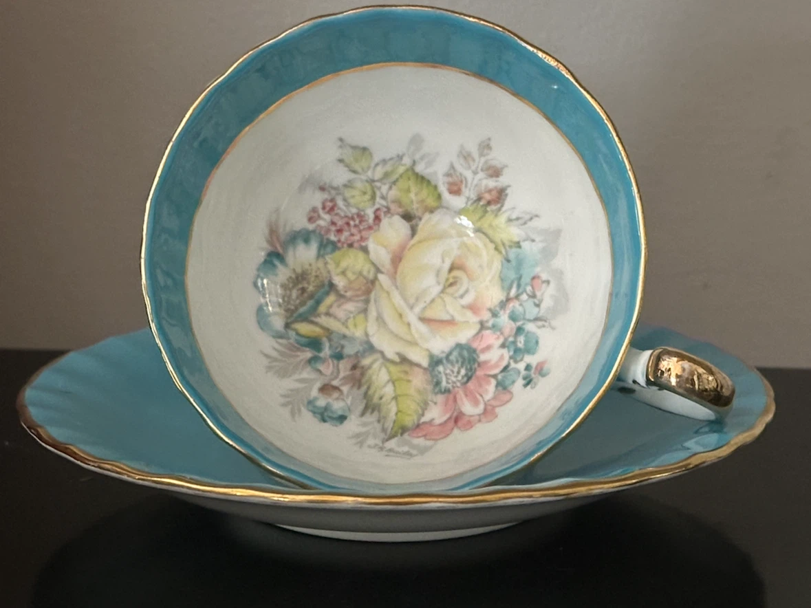 Aynsley Turquoise J.A. Bailey Cabbage Rose Teacup Saucer