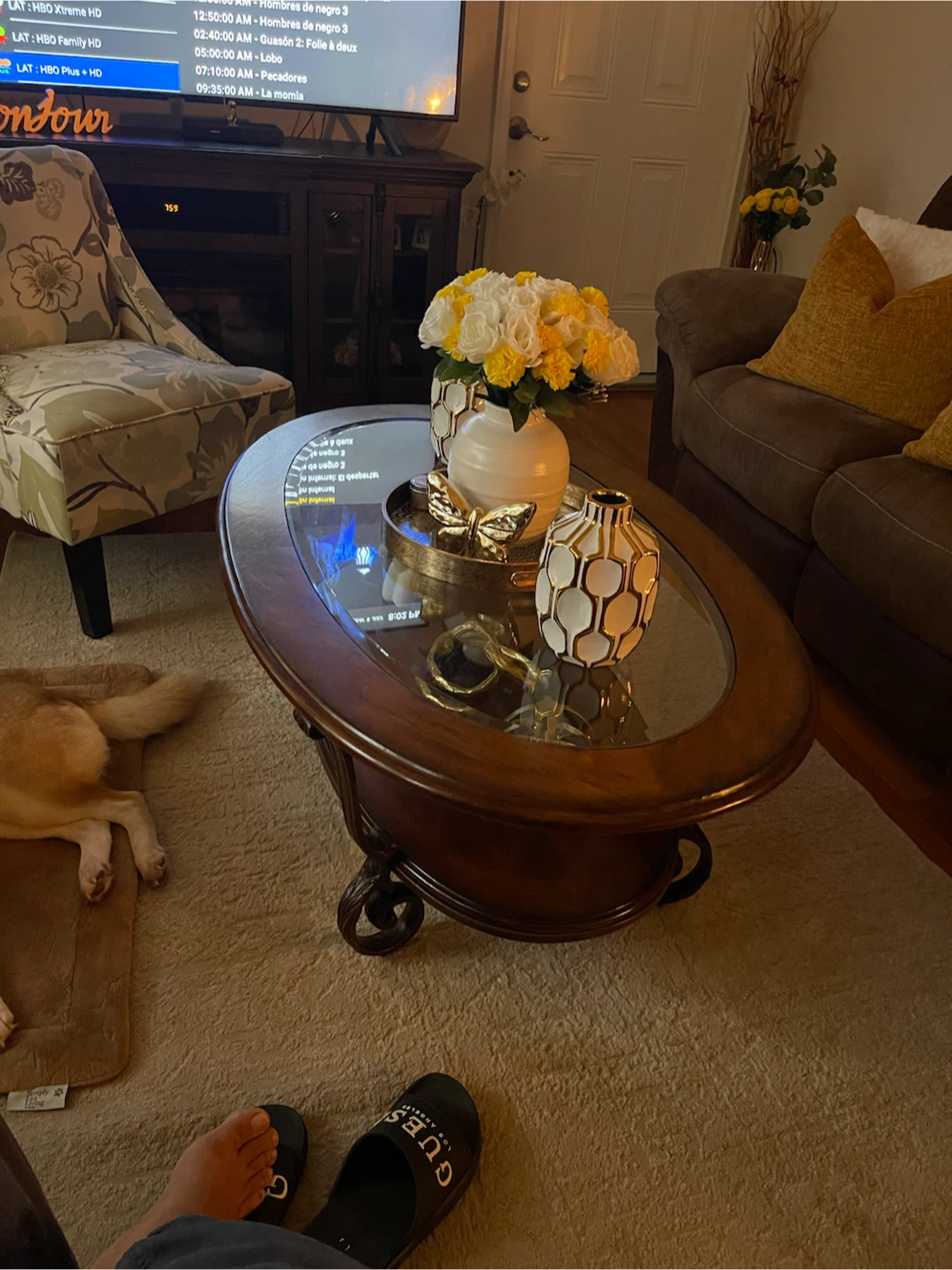 Oval Glass Top Coffee Table with Wooden Base - photo 2