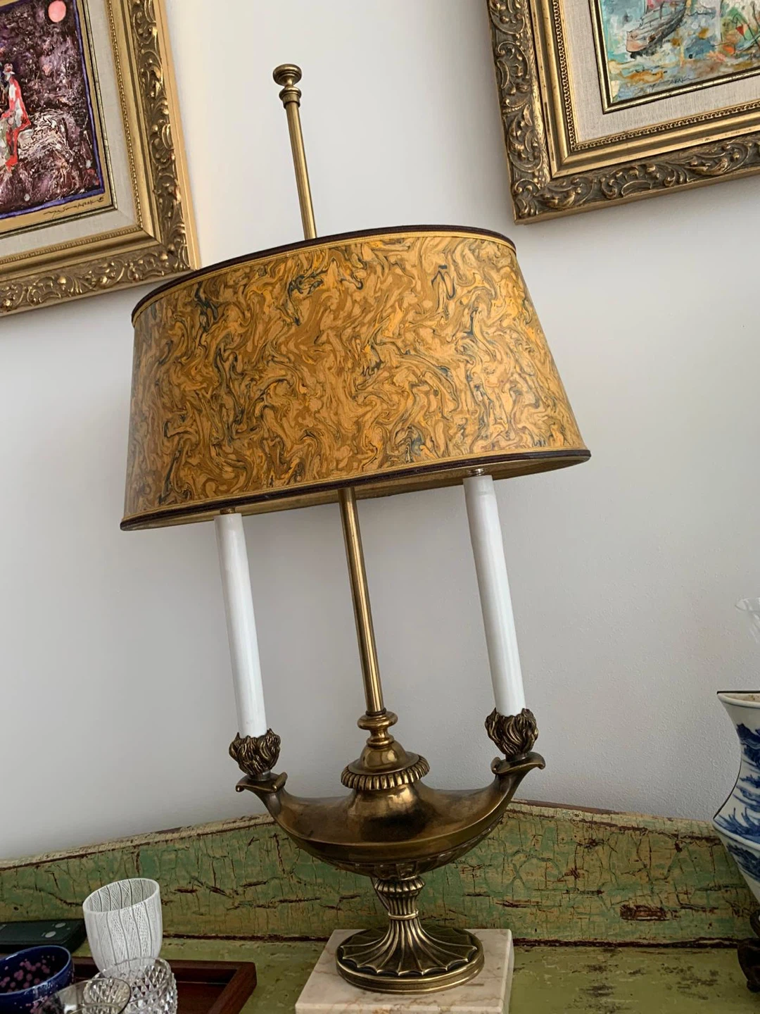 Vintage Brass Table Lamp with Marbled Shade