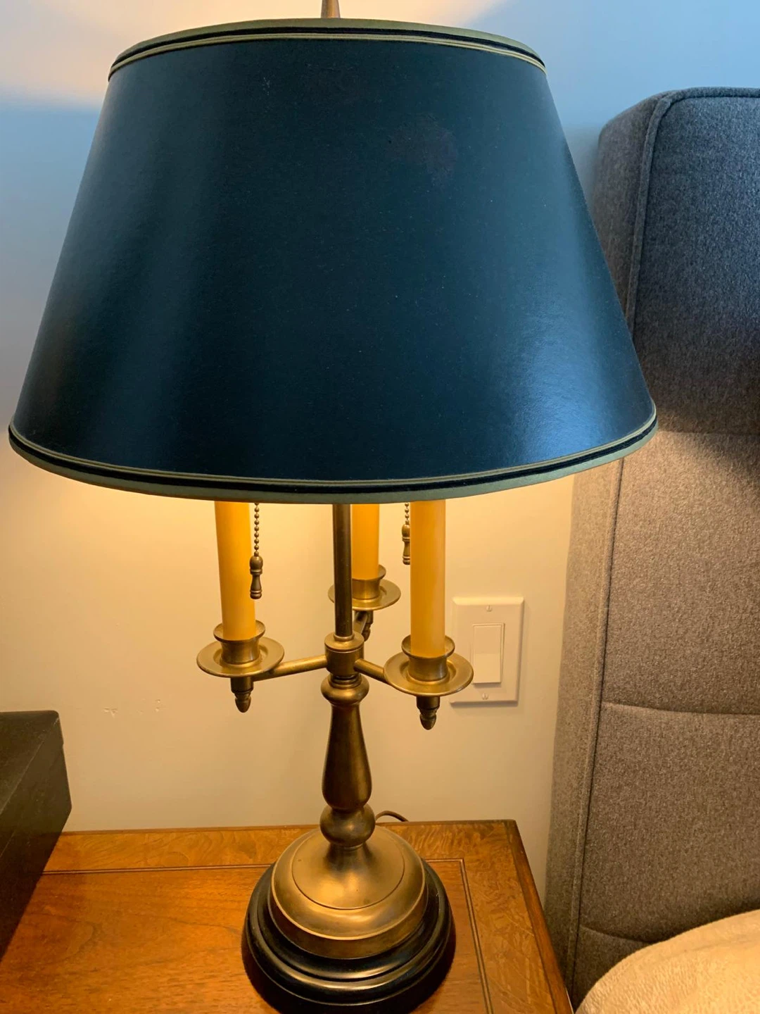 Brass Candlestick Table Lamp with Dark Blue Shade