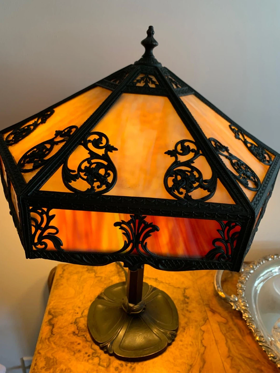 Vintage Stained Glass Lamp with Ornate Metal Accents - photo 3