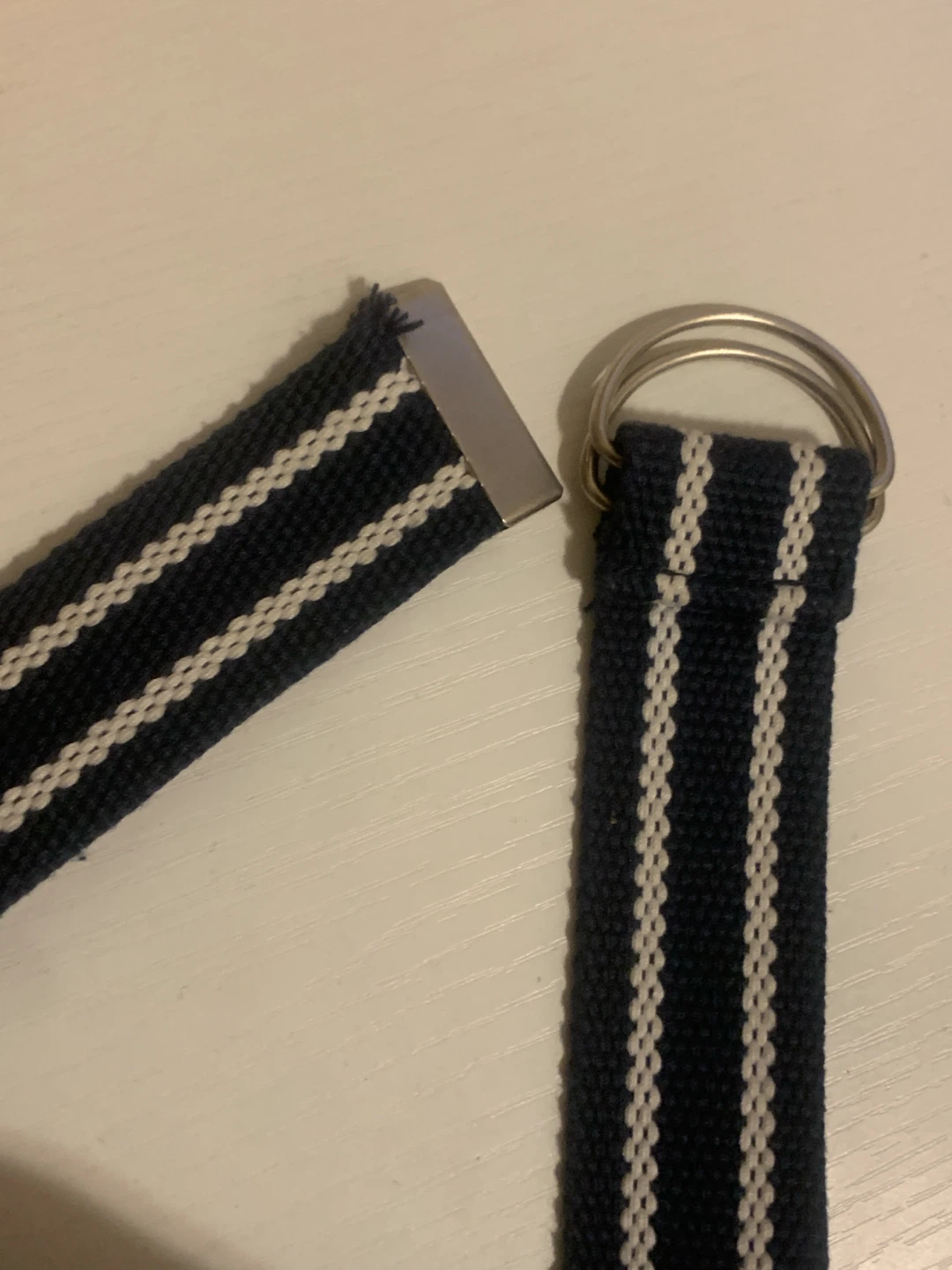 Navy and white striped canvas belt with double D-ring buckle - photo 2