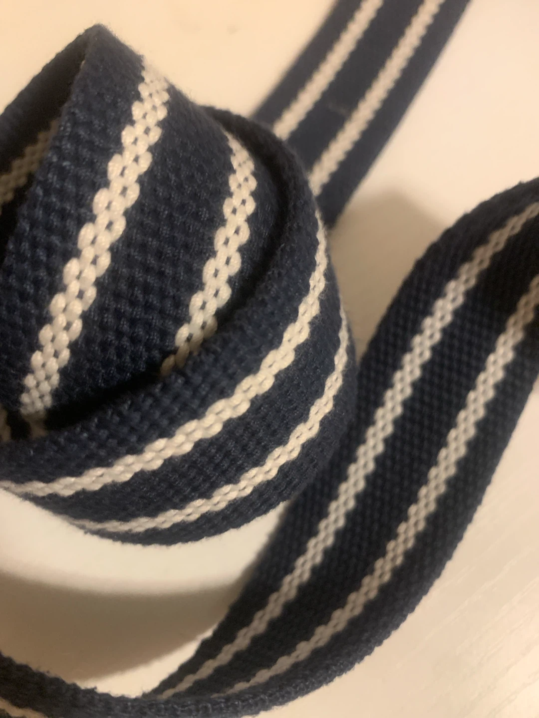 Navy and white striped canvas belt with double D-ring buckle - photo 3