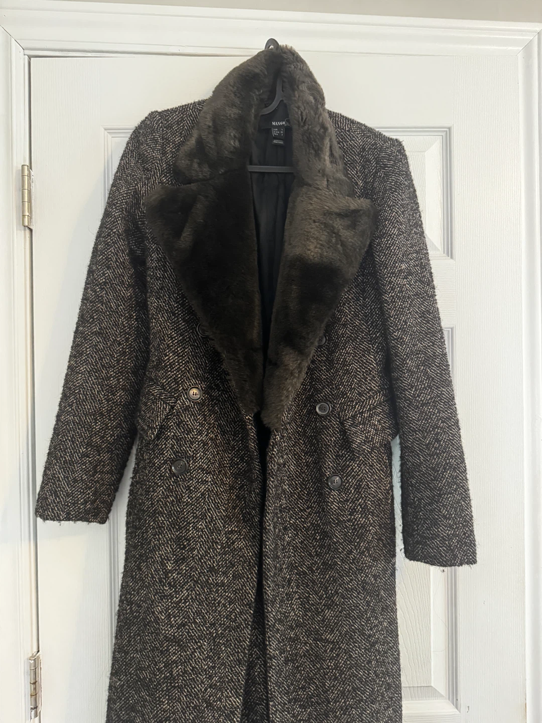 Mango Herringbone Wool Coat with Faux Fur Collar