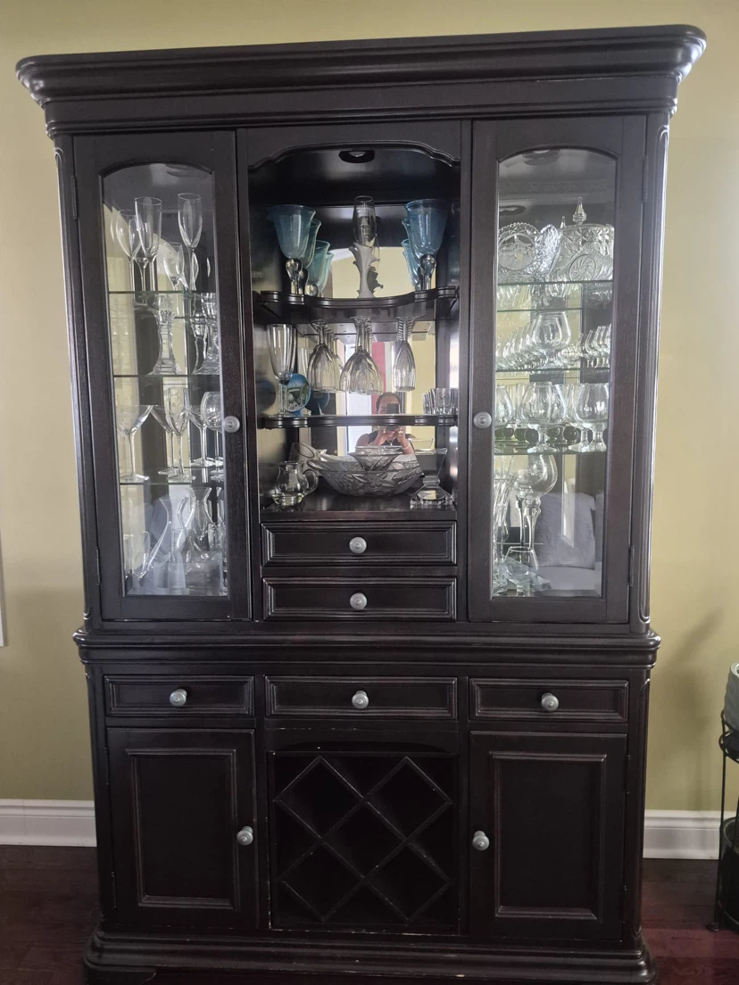 Dark Wood China Cabinet with Wine Rack