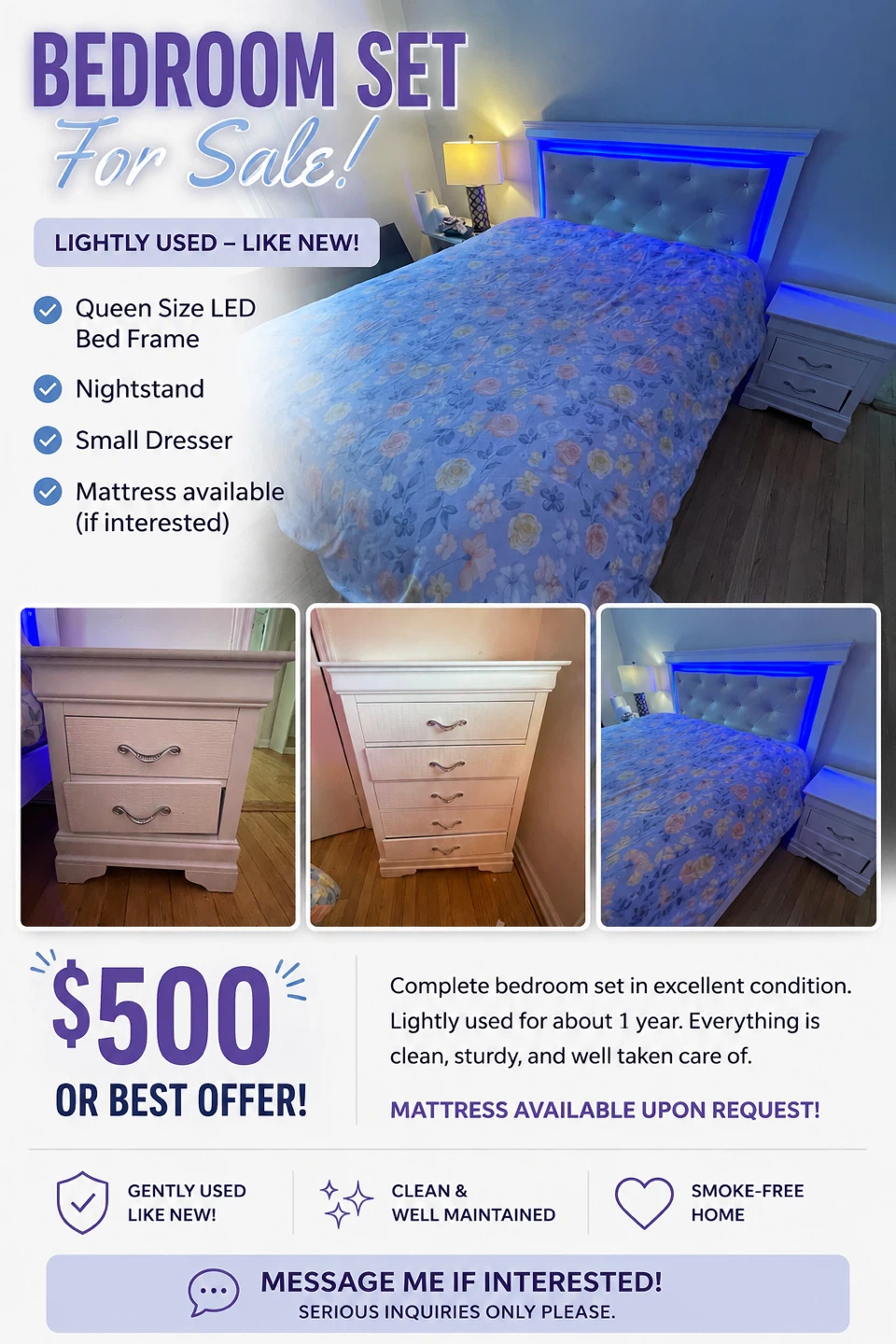 Queen Size LED Bedroom Set - Bed Frame, Nightstand, Dresser