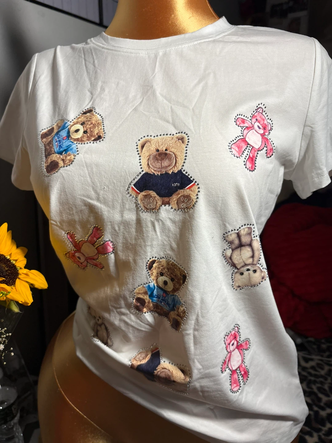White T-Shirt with Teddy Bear Patches