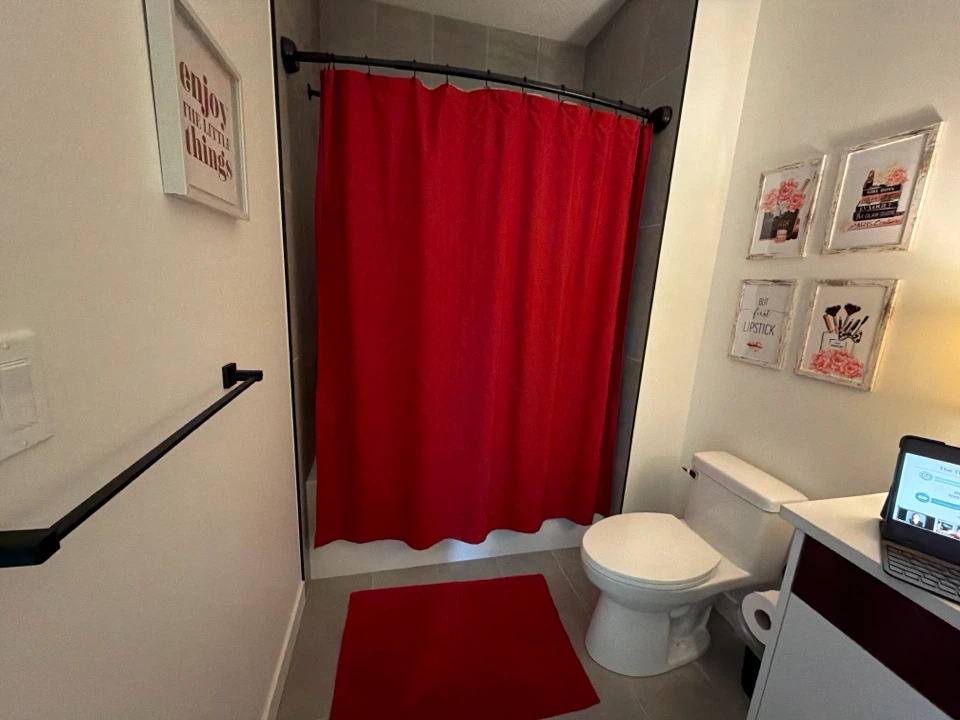Red Shower Curtain and Red bath mat