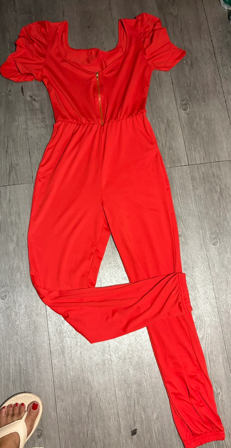 Red Puff Sleeve Jumpsuit