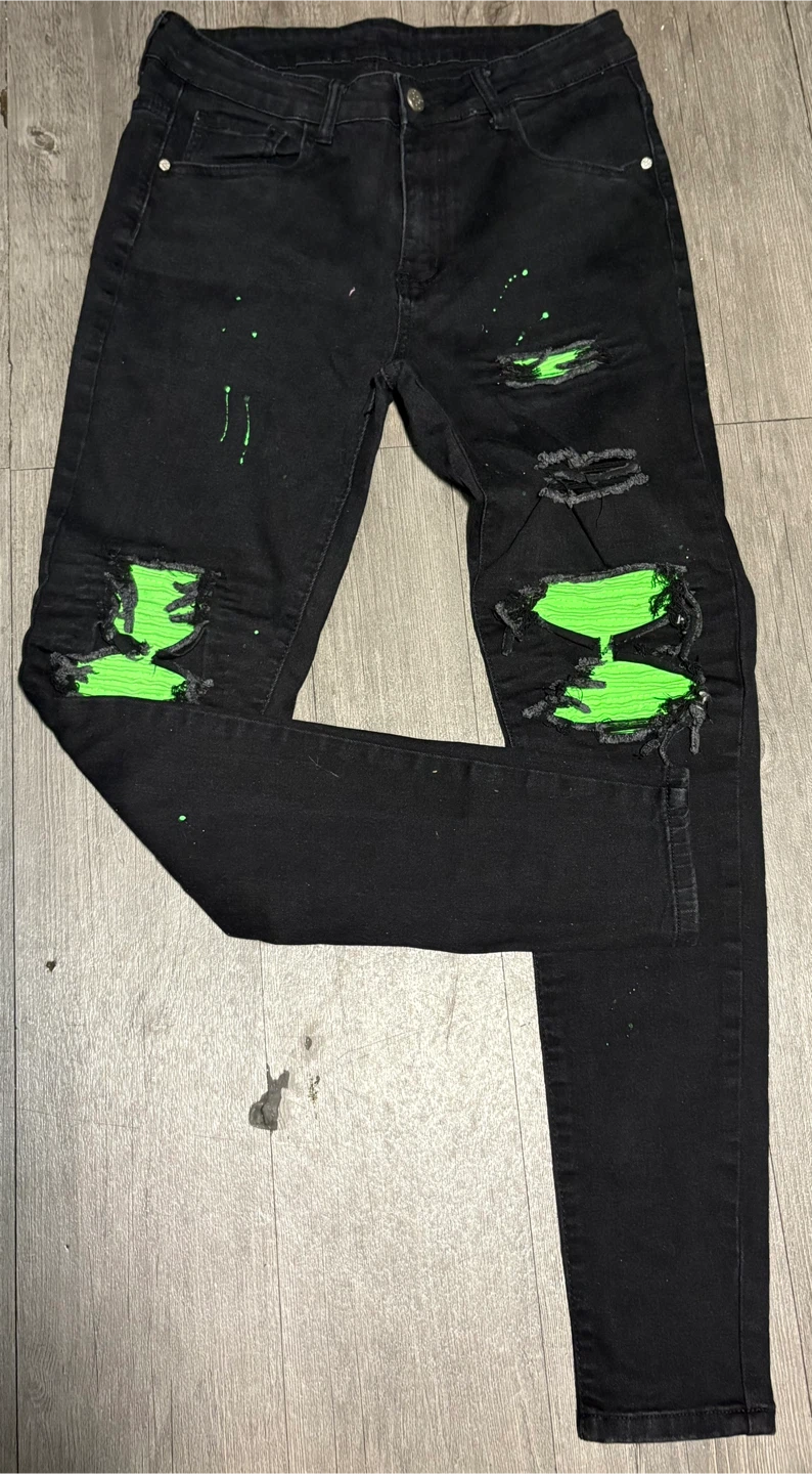 Black Jeans with Neon Green Distressing