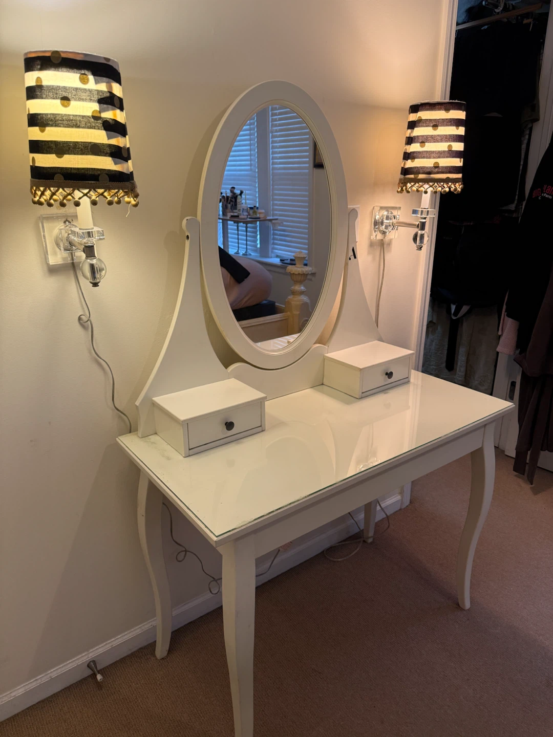 White IKEA Vanity Table with Oval Mirror and Drawers